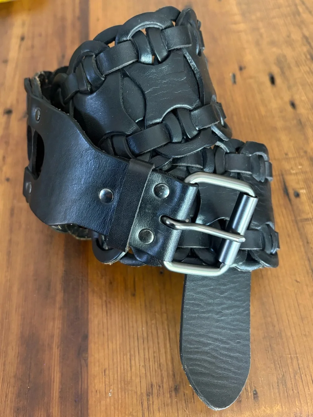 Genuine Leather Wide Woven Interlocking Link Belt Black Silver Buckle Size 2XL